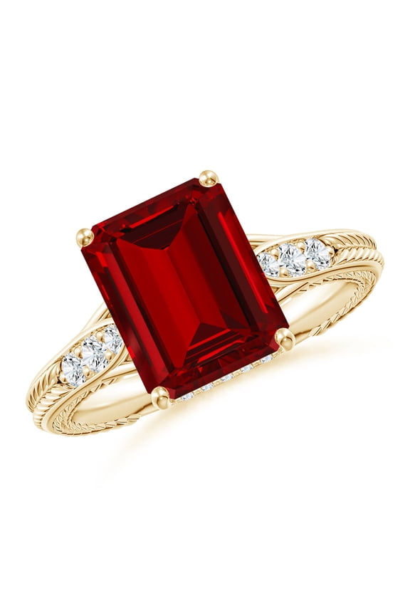 Vintage Inspired Lab Grown 4 Ct Ruby Hidden Halo Engagement Ring for Women in 14K Yellow Gold (Size-10x8mm) | July Birthstone, Anniversary, Jewelry Gift for Women | Lab-Grown Ruby Ring