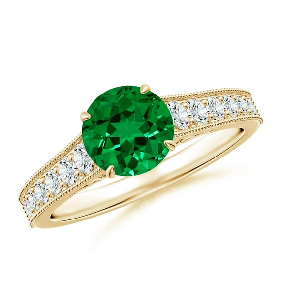 ANGARA Vintage Inspired Lab Grown 1.2 Ct Emerald Engagement Ring with Milgrain for Women in 14K Yellow Gold (Size-7mm) | May Birthstone, Anniversary, Jewelry Gift for Women | Lab-Grown Emerald Ring