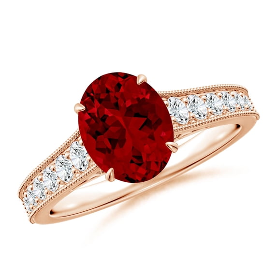 ANGARA Vintage Inspired Oval Lab Grown 2 Ct Ruby Engagement Ring with Milgrain for Women in 14K Rose Gold (Size-9x7mm) | July Birthstone, Anniversary, Jewelry Gift for Women | Lab-Grown Ruby Ring