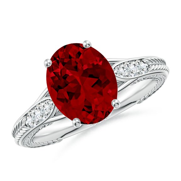 ANGARA Vintage Inspired Oval Lab Grown 3.3 Ct Ruby Hidden Halo Engagement Ring in 14K White Gold for Women (Size-10x8mm) | July Birthstone, Anniversary, Jewelry Gift for Women | Lab Grown Ruby Ring