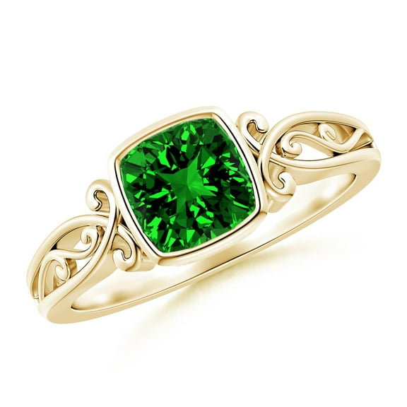 ANGARA Vintage Style Cushion Lab Grown Emerald Solitaire Engagement Ring for Women in 14K Yellow Gold (Size-6mm) | May Birthstone, Anniversary, Jewelry Gift for Women | Lab-Grown Emerald Ring