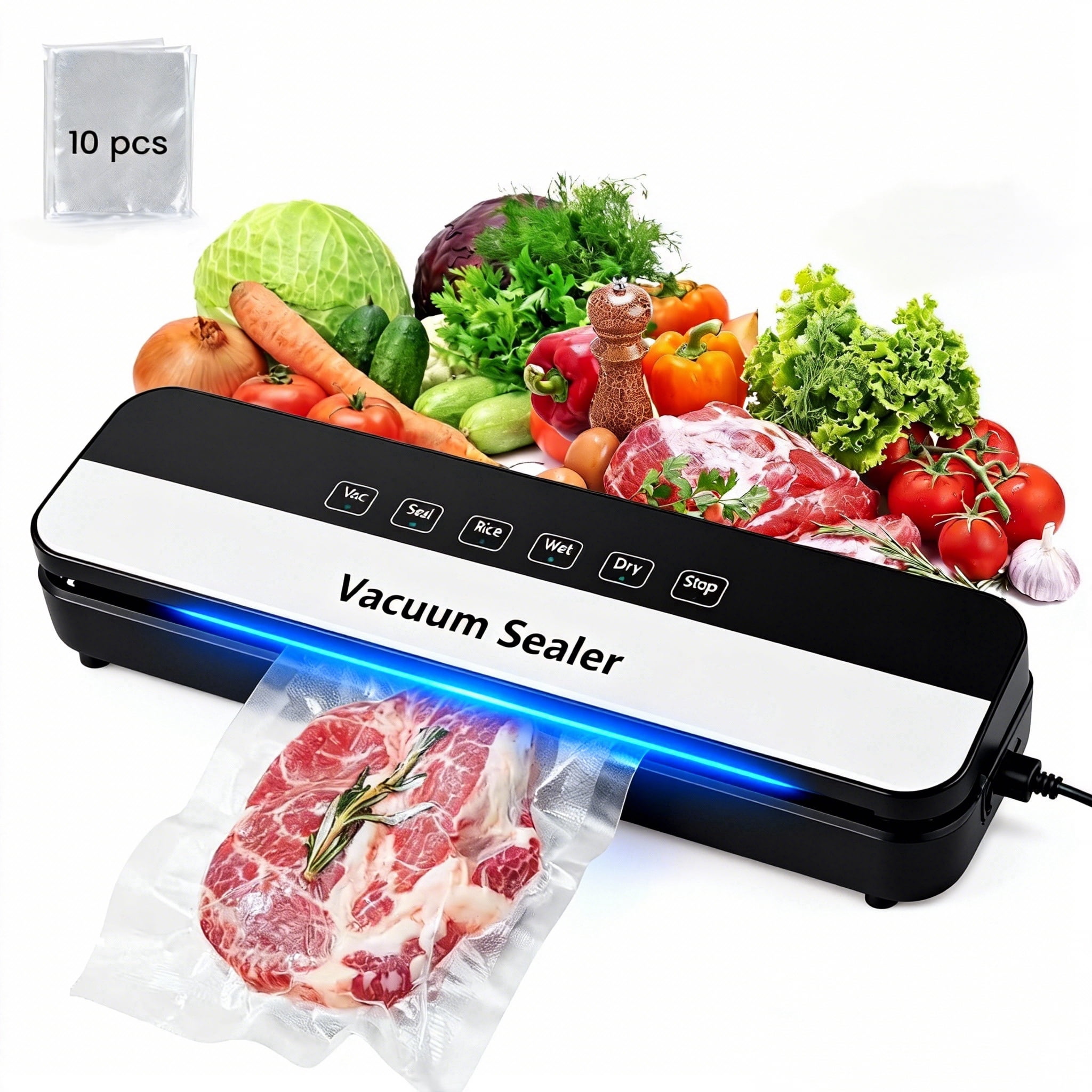 ANGAUSS Vacuum Sealer with 10Pcs Bags, Starter Kit for Dry & Moist Food Storage Sous Vide for Kitchen and 65Kpa Food Sealer Machines with 5 Modes, Dry/Wet/Draw/Seal/Vac