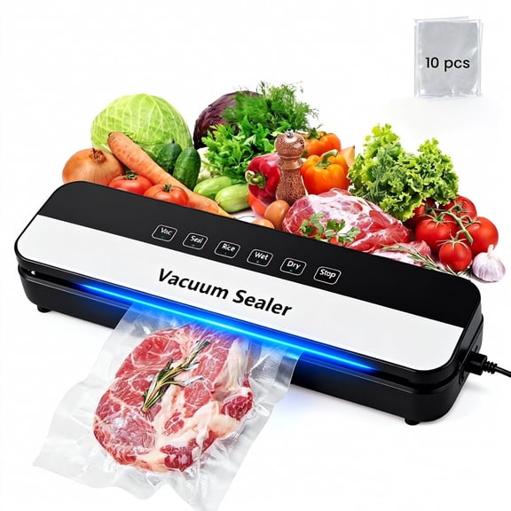 ANGAUSS Vacuum Sealer with 10Pcs Bags, Starter Kit for Dry & Moist Food Storage Sous Vide for Kitchen and 65Kpa Food Sealer Machines with 5 Modes, Dry/Wet/Draw/Seal/Vac