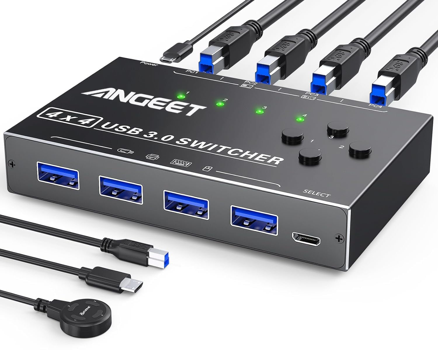 ANGEET USB 3.0 Switch SSF20 4 Port, USB Switch Selector for 4 Computers ...