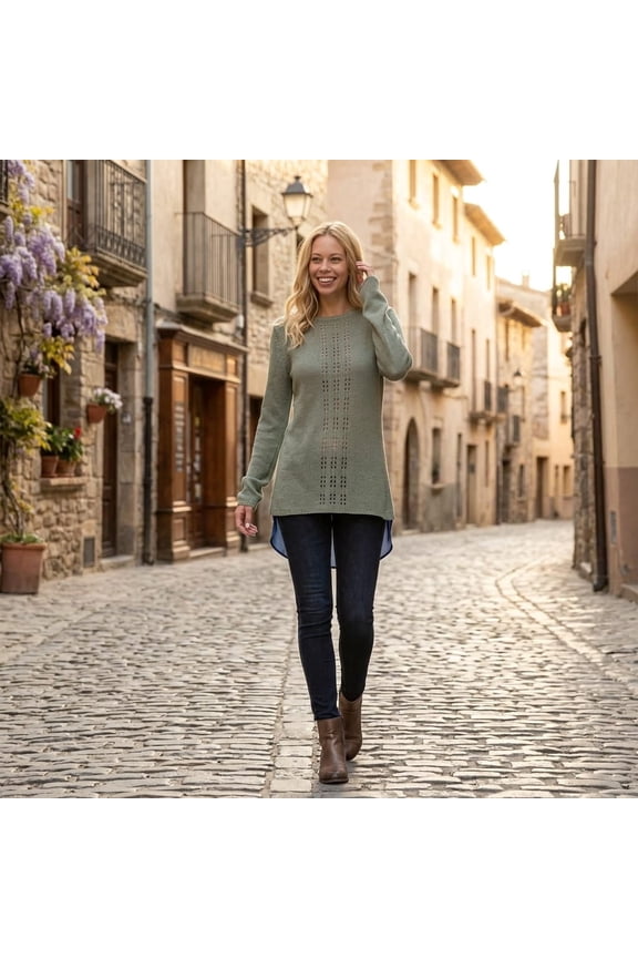 Women's Boat Neck Eyelet Knit Sweater, Long Sleeve, Relaxed Fit