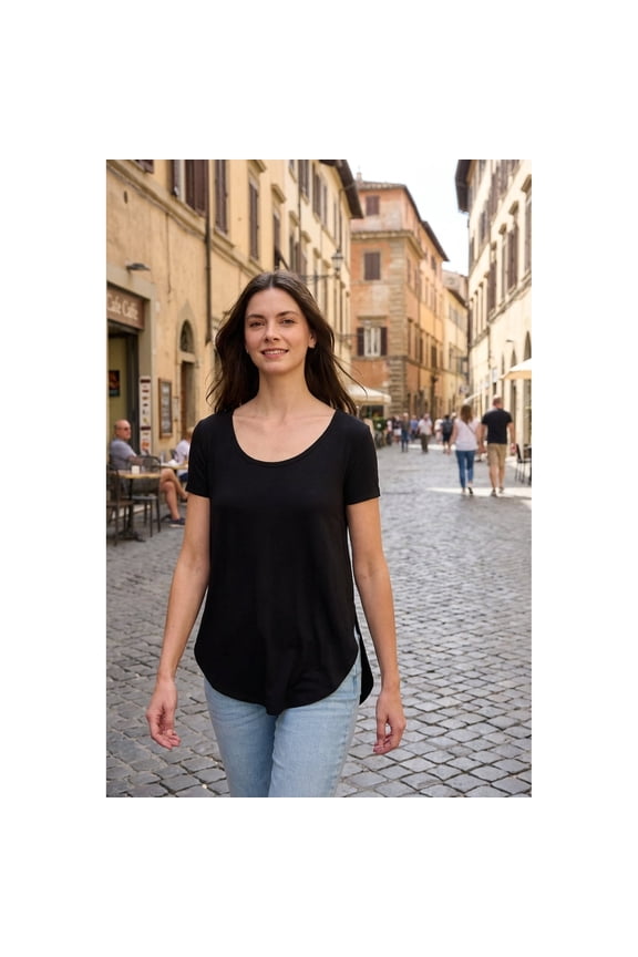 Women's Casual Tunic Top Short Sleeve Rhinestone Back Tee Shirt, Black, S