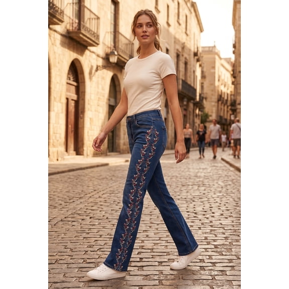 ANGEL PREMIUM Women's Floral Embroidered Bootcut Denim Jean