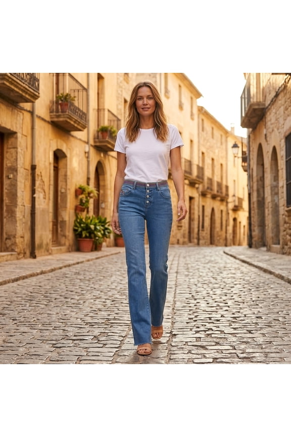 Women's High-Rise Flare Jeans, Striped Waistband Medium Wash Stretch Denim