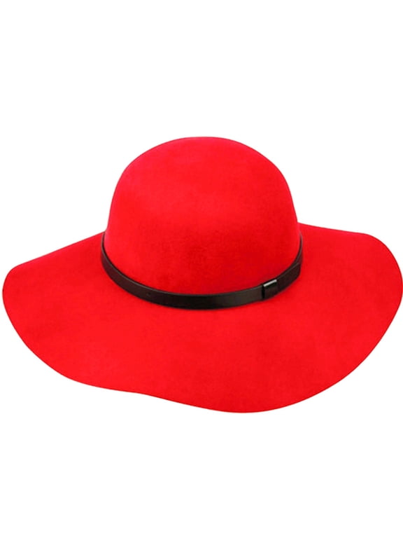 WFL2166 Women's Wide Brim 100% Wool Fuax Lether Band Floppy Hat