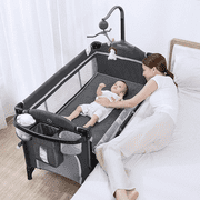 ANGELBLISS 5 in 1 Flat Bassinet Bedside Sleeper, Rocking Bassinet, Easy Folding Portable Playards, Pack and Play with Mattress, Diaper Changer and Music Mobile(Dark Grey)(0-12months)