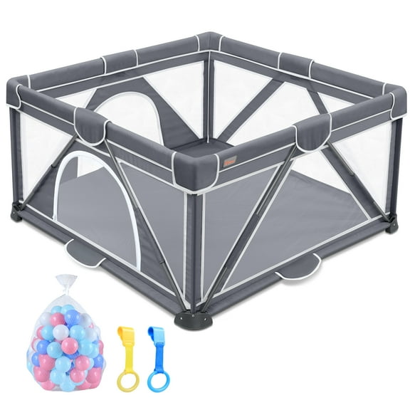 Yobear Baby Playpen, Foldable Playpen for Babies and Toddlers, Indoor & Outdoor Baby Activity Center with Visible Breathable Mesh, Portable Play Yard with 2 Handlers 50 Balls-50”×50”(Black)