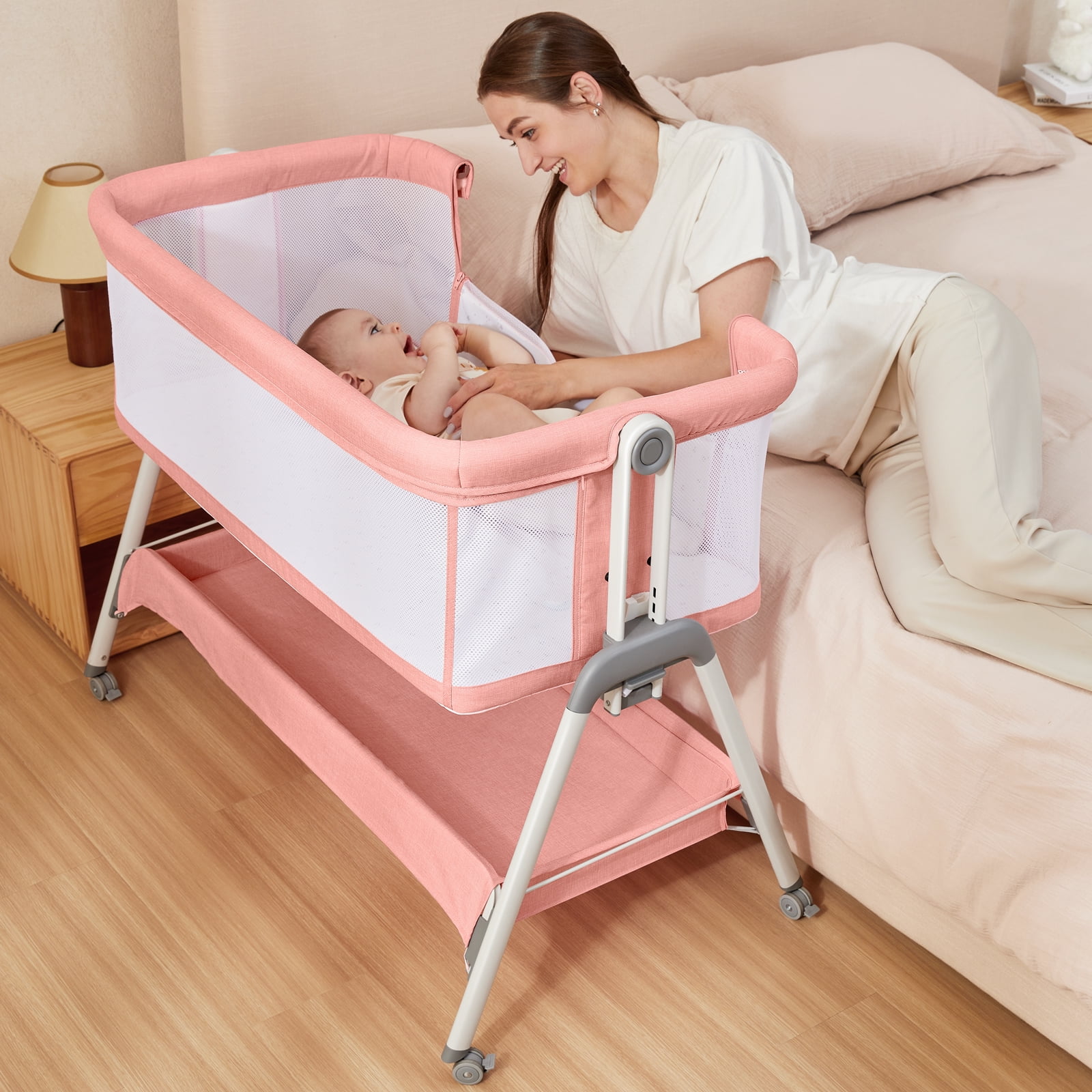 Baby Crib,3 in 1 Bedside Crib Adjustable Portable Bed for Infant,Baby  Bassinet Baby Newborn Must Have Bed,Pink