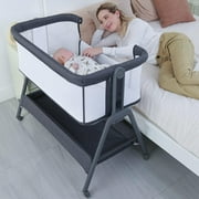 ANGELBLISS Flat Bedside Bassinet with Storage Basket, Easy Folding Portable Crib with Wheels, Included Breathable Mesh, Cozy Mattress(Black)(0-6 months)