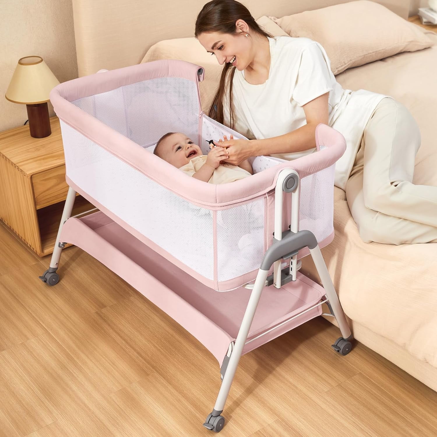 ANGELBLISS Flat Bedside with Storage Basket, Easy Folding Portable Crib with Wheels