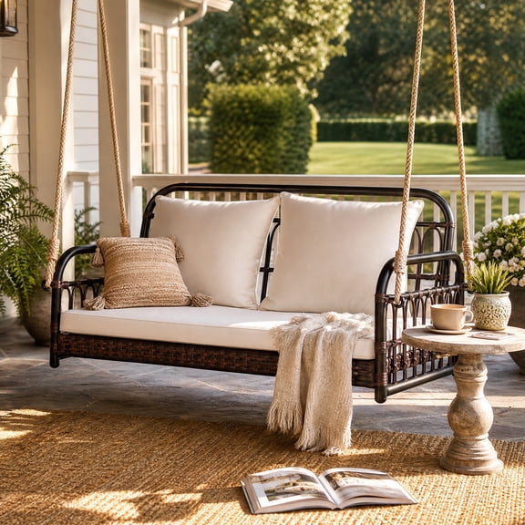 ANGELES HOME 2-Person Wicker Porch Swing Hanging Bench Chair with Cushions，Outdoor Rattan Patio Swing, White