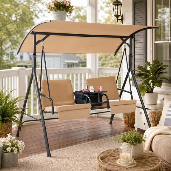 ANGELES HOME 2-Seat Outdoor Patio Swing Chair, Canopy Porch Swing with Cooler Bag Rotatable Tray,Beige