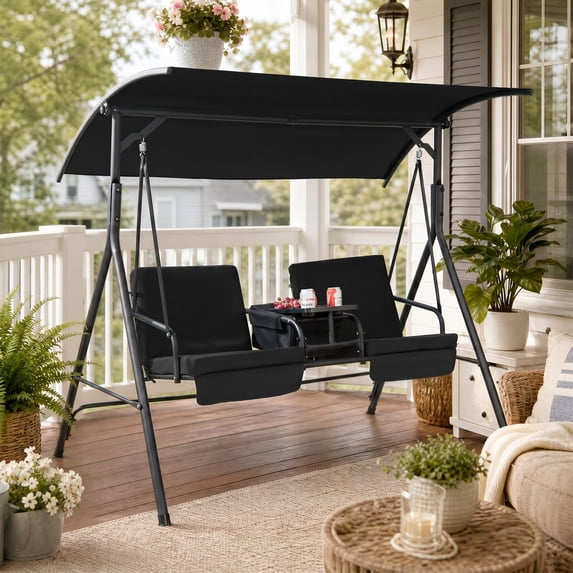 ANGELES HOME 2-Seat Outdoor Patio Swing Chair, Canopy Porch Swing with Cooler Bag Rotatable Tray,Black