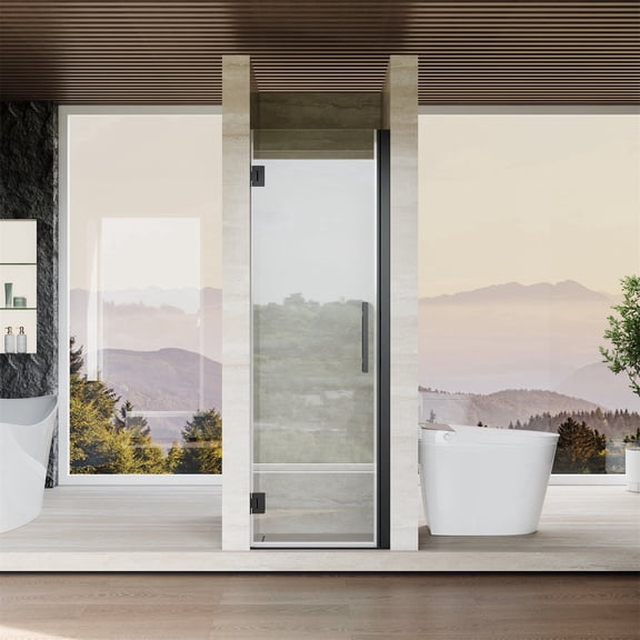 ANGELES HOME 23–24 in. W x 72 in. H Frameless Hinged Shower Door, Matte Black, 3/8 in. Clear Tempered Glass, Reversible Left or Right Opening