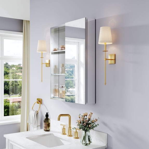 ANGELES HOME 24" ×30" Bathroom Medicine Cabinet with Copper-Free Tri-View Mirror & Open Side Storage, Recessed or Surface Mount, Soft-Close Door, Aluminum Frame