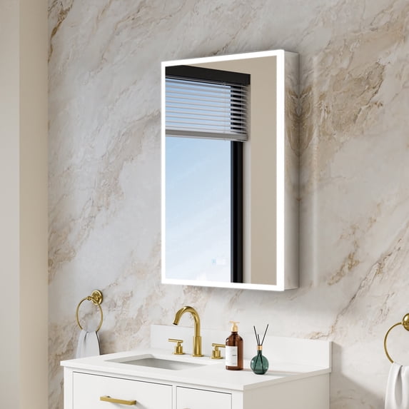 ANGELES HOME 24 in. x 36 in. LED Medicine Cabinet for Recessed or Surface Mount with Anti-Fog, Dimmable Lighting and Built-In Outlets