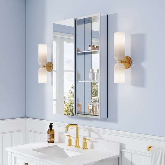 ANGELES HOME 24" x 36" Bathroom Medicine Cabinet with Tri-View Mirror, Aluminum Mirror Medicine Cabinet with Open Shelf Set, Surface Mount or Recessed