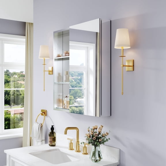 ANGELES HOME 28" x 30" Tri-View Aluminum Bathroom Medicine Cabinet and Open Shelf Set, Soft-Close Doors, Recessed or Surface Mount