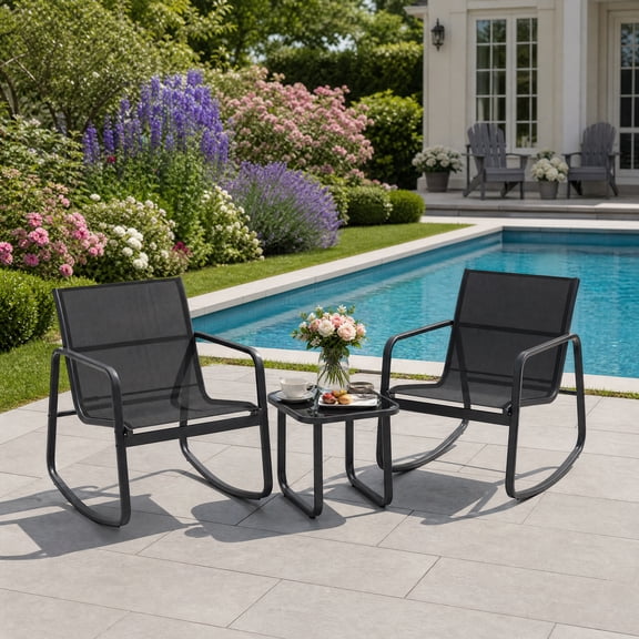 ANGELES HOME 3 Piece Rocking Chair Patio Bistro Set, Outdoor Patio Furniture with Glass-Top Table for Porch Yard Balcony，Brown