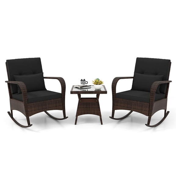 ANGELES HOME 3 Pieces Outdoor Rocking Set with Cushion & Tempered Glass Coffee Table, Wicker Patio Furniture Set for Porch Garden, Black