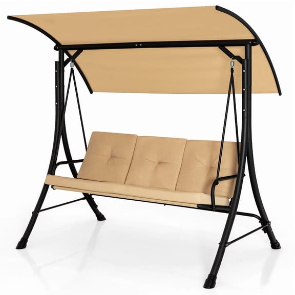 ANGELES HOME 3-Seat Outdoor Porch Swing with Adjustable Canopy and Padded Cushions, Swing Glider Hammock for Patio, Garden, Beige