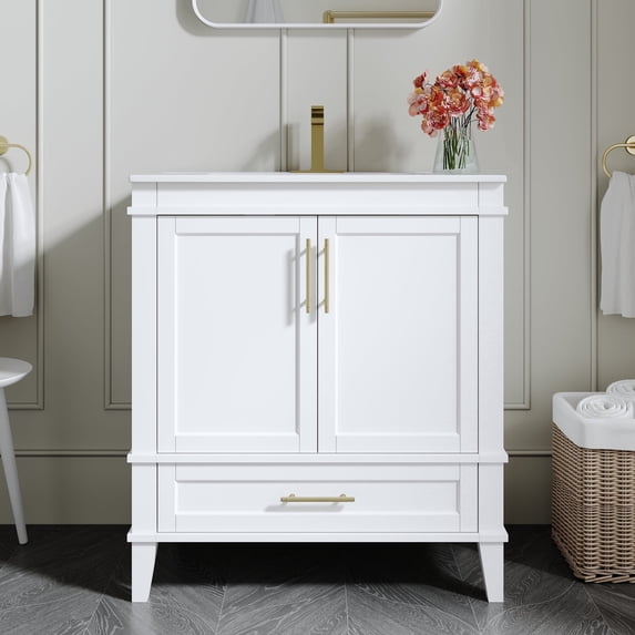 ANGELES HOME 30" White Bathroom Vanity with Sink, Solid Wood Cabinet with 2 Doors & 1 Drawer, Soft-Close Hinges & DTC Slides, Brushed Gold Handles, Ceramic Countertop