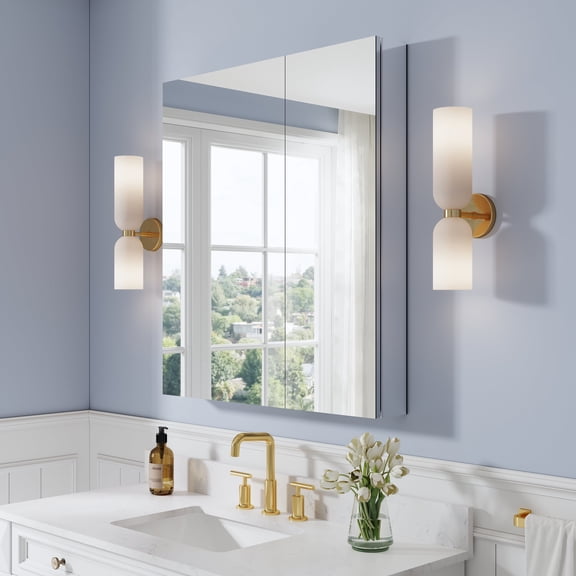 ANGELES HOME 32" x 36" Wall Mounted Medicine Cabinet with Mirror, Anodized Aluminum Bathroom Mirror Cabinet with Chrome Frame, 3 Adjustable Shelves