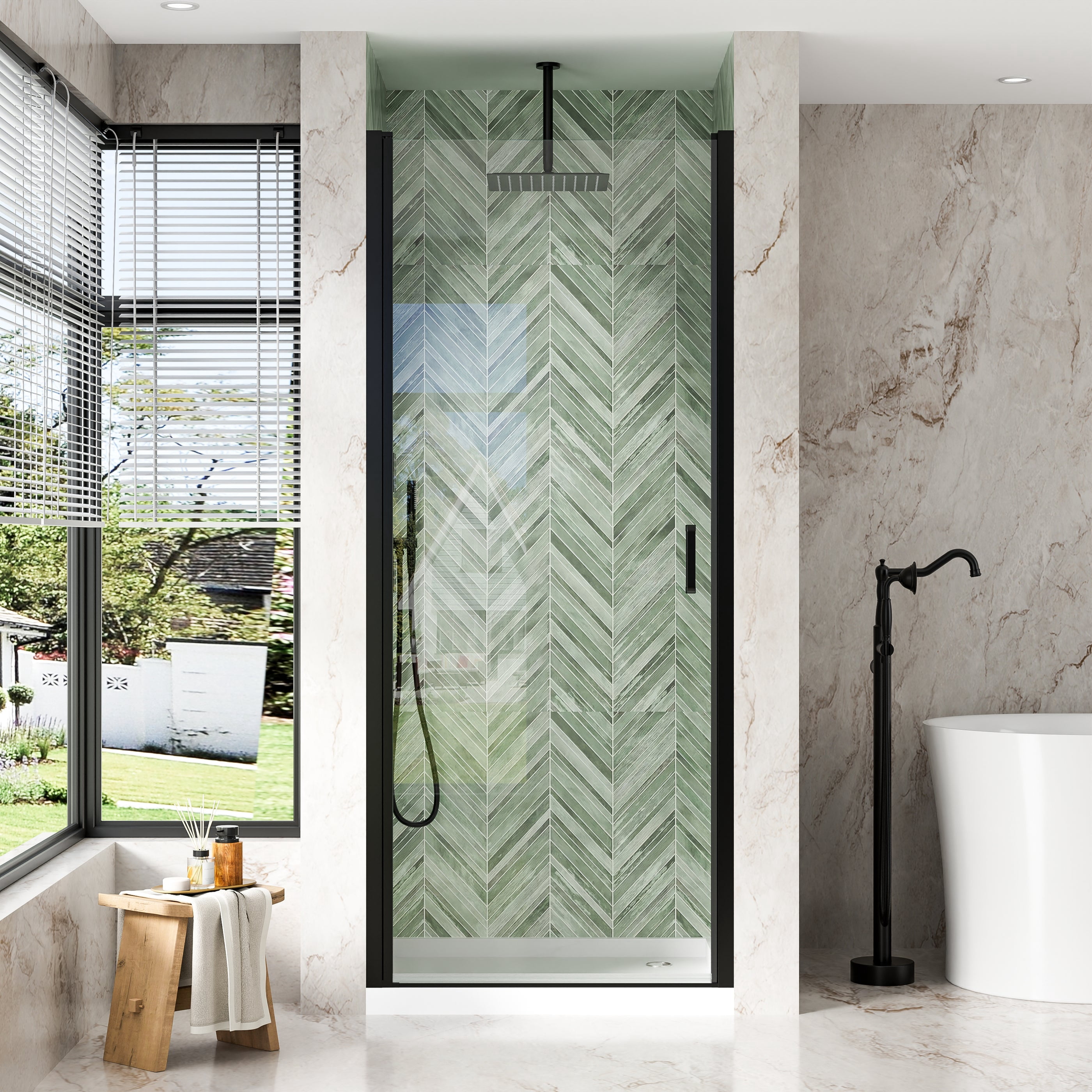 ANGELES HOME 34 x 72 in Framed Pivot Shower Door, Matte Black, 1/4 in ...