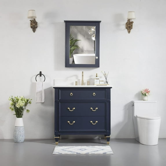 ANGELES HOME 36" Bathroom Vanity with 24" Wall Mounted Mirror Cabinet, Wooden Bathroom Vanity with Sink Set, Freestanding Bathroom Furniture for Home Decor and Storage Organization, Navy Blue