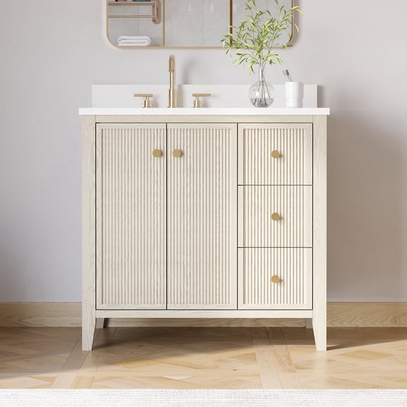 ANGELES HOME 36 Inch Bathroom Vanity with ingle Undermount Sink, Solid Wood, Quartz Top, 3 Dovetail Drawers and 2 Soft Close Doors