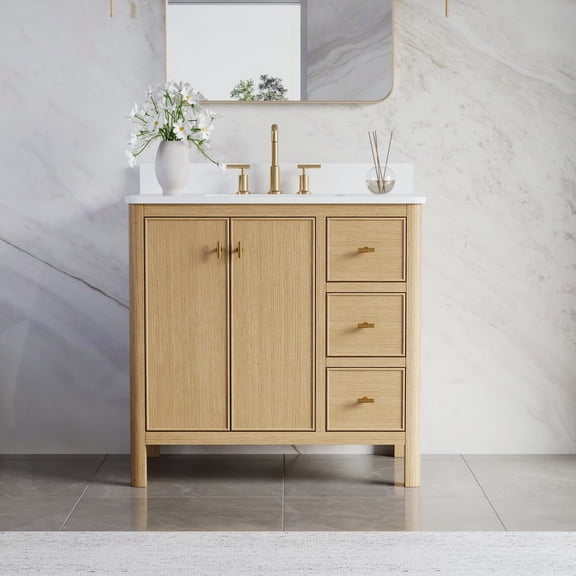 ANGELES HOME 36" Solid Wood Bathroom Vanity with White Quartz Countertop & Sink , Bathroom Cabinet with Dovetail Soft-Close Drawers, Oak,Brushed Gold Handle