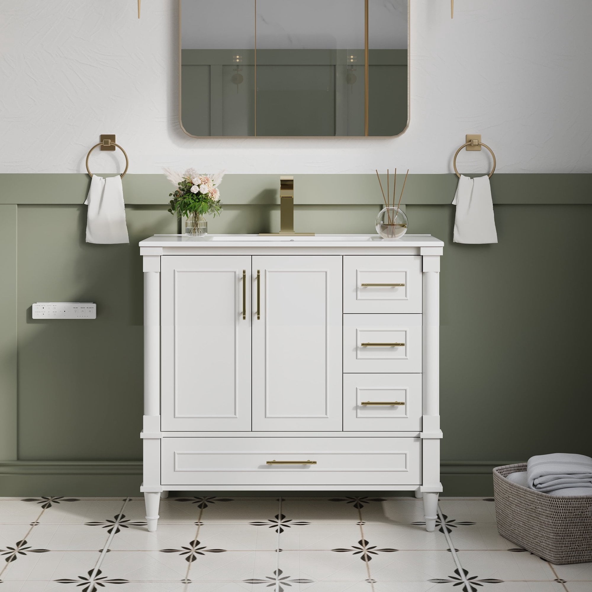 ANGELES HOME 36" White Bathroom Vanity with Sink, Solid Wood & Plywood ...