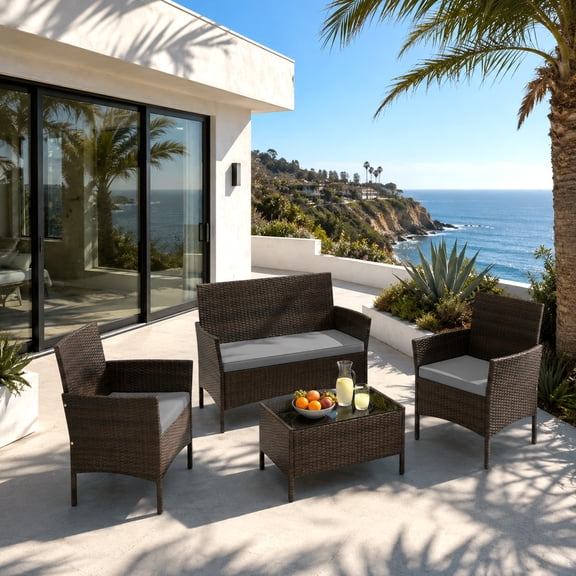 ANGELES HOME 4 Piece Patio Furniture Set, All-Weather PE Rattan Conversation Set with Tempered Glass Coffee Table,Gray