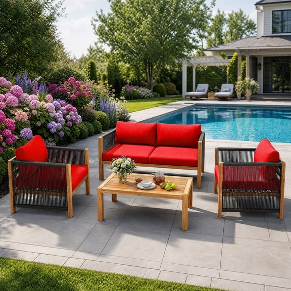 ANGELES HOME 4 Pieces Patio Furniture Set with Cushions, Outdoor Furniture Set with Solid Wood Frame for Garden Deck Backyard,Red