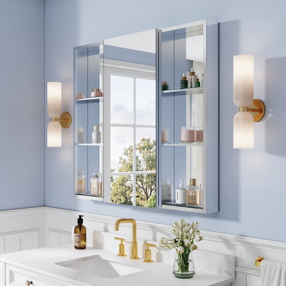 ANGELES HOME 40" x 36" Tri-View Mirror Bathroom Medicine Cabinet and Open Shelf Set, Recessed or Surface Mount Bathroom Mirror Cabinet with Soft-Close Door