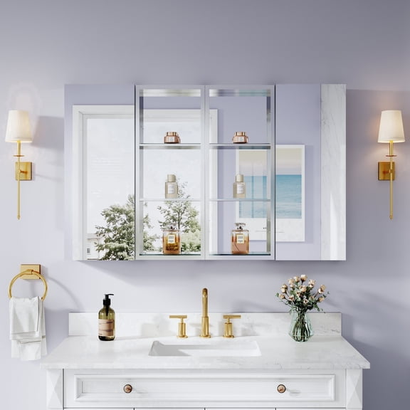 ANGELES HOME 48" x 30" Bathroom Medicine Cabinet with Copper-Free Tri-View Mirror & Open Side Cabinet, Recessed or Surface Mount, Adjustable Shelves, Soft-Close Doors
