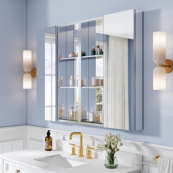 ANGELES HOME 48" x 36" Bathroom Medicine Cabinet Set with Copper-Free Tri-View Mirror and Open Side Cabinet, Recessed or Surface Mount, Soft-Close Doors