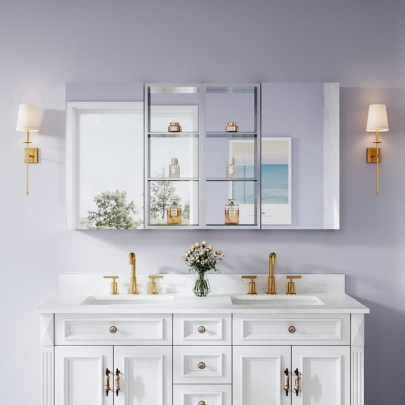 ANGELES HOME 56" x 30" Bathroom Medicine Cabinet with Copper-Free Tri-View Mirror & Open Side Cabinet, Recessed or Surface Mount, Soft-Close Doors