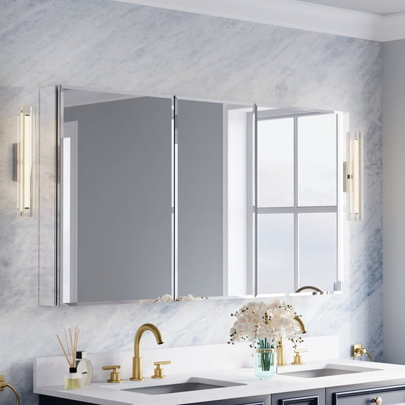 ANGELES HOME 56" x 30" Copper-Free Mirror Medicine Cabinet with Beveled Mirror Door, Recessed or Surface Mount, Adjustable Shelves