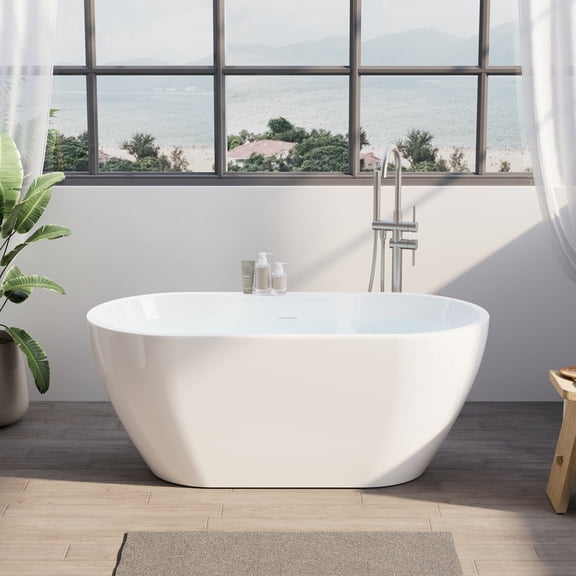 ANGELES HOME 57" Glossy White Acrylic Freestanding Bathtub with Chrome Overflow and Drain, 54 Gallon
