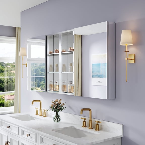 ANGELES HOME 64" 30" Aluminum Bathroom Medicine Cabinet and Open Shelf Set with Copper-Free Tri-View Mirror, Adjustable Shelves, Soft-Close Doors, Recessed or Surface Mount Installation