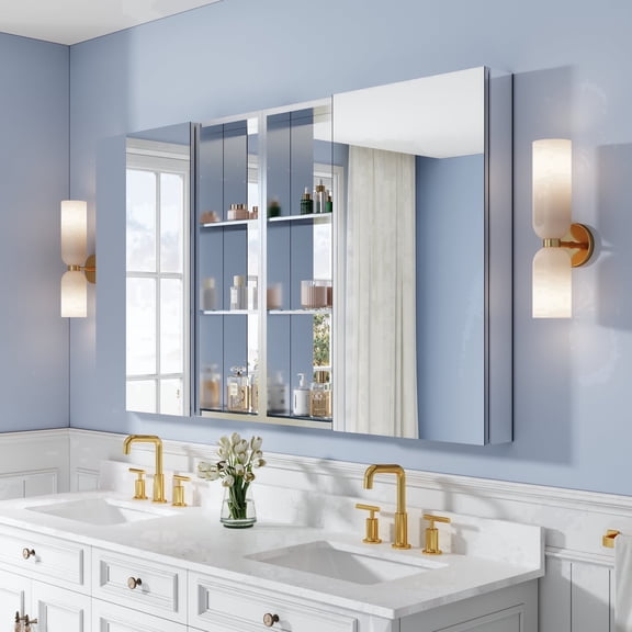 ANGELES HOME 64"  36" Bathroom Medicine Cabinet with Copper-Free Tri-View Mirror, Open Side Cabinet, Adjustable Shelves, Soft-Close Doors, Recessed or Surface Mount  Premium Storage