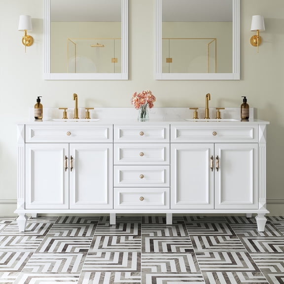 ANGELES HOME 80" Bathroom Vanity with Double Sinks, Solid Wood Bathroom Makeup Cabinet W/ 4 Doors and 4 Drawers, Bathroom Vanity Storage Organizer with Carrara White Quartz Countertop, White