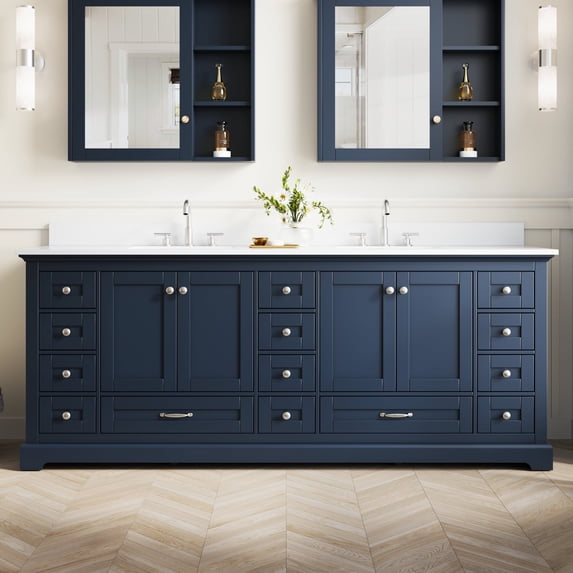 ANGELES HOME 84" Double Sinks Bathroom Vanity with Solid Wood Frame, Soft Close 14 Drawers & Pure White Cultured Marble Countertop