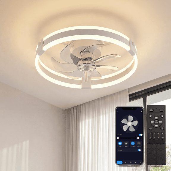 ANGELHALO 20" Low Profile LED Ceiling Fan with Lights,3000K-6000K Smart Bladeless LED Fan Light, App& Remote Control, 35dB Quiet DC Motor, 6 Speed Reversible for Bedroom Kids Room Office Indoor, Whit