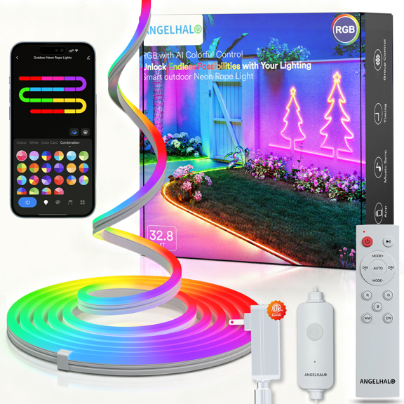 ANGELHALO Outdoor Neon Rope Lights, Smart Neon Lights IP65 Waterproof with DIY Scene Modes, Music Sync, Flexible LED Neon Lights, Custom DIY Neon Strip Lights Work with Alexa Google Assistant, 32.8ft